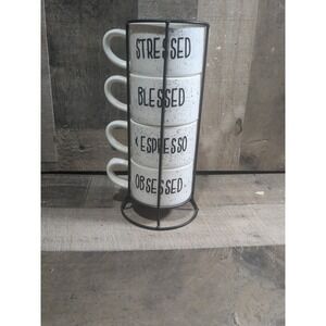 Set of 4 White Ceramic Stacking Coffee Mugs with Black Metal Stand‎